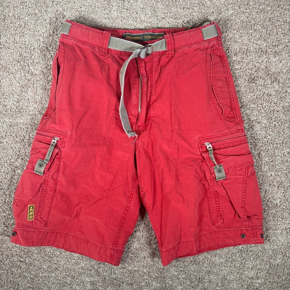 Vintage Abercrombie & Fitch Mens Red Cargo Shorts 32 Belted Twill Utility Y2K